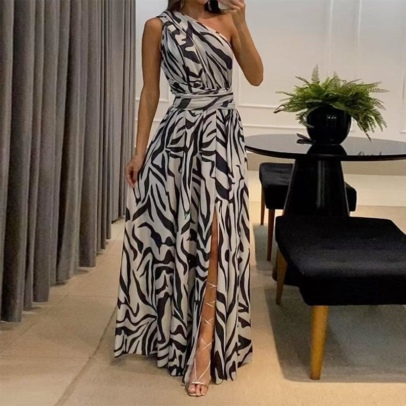 One Shoulder Sleeveless Slit Maxi Dress