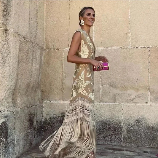 V Neck Sleeveless Long Tassels Dress