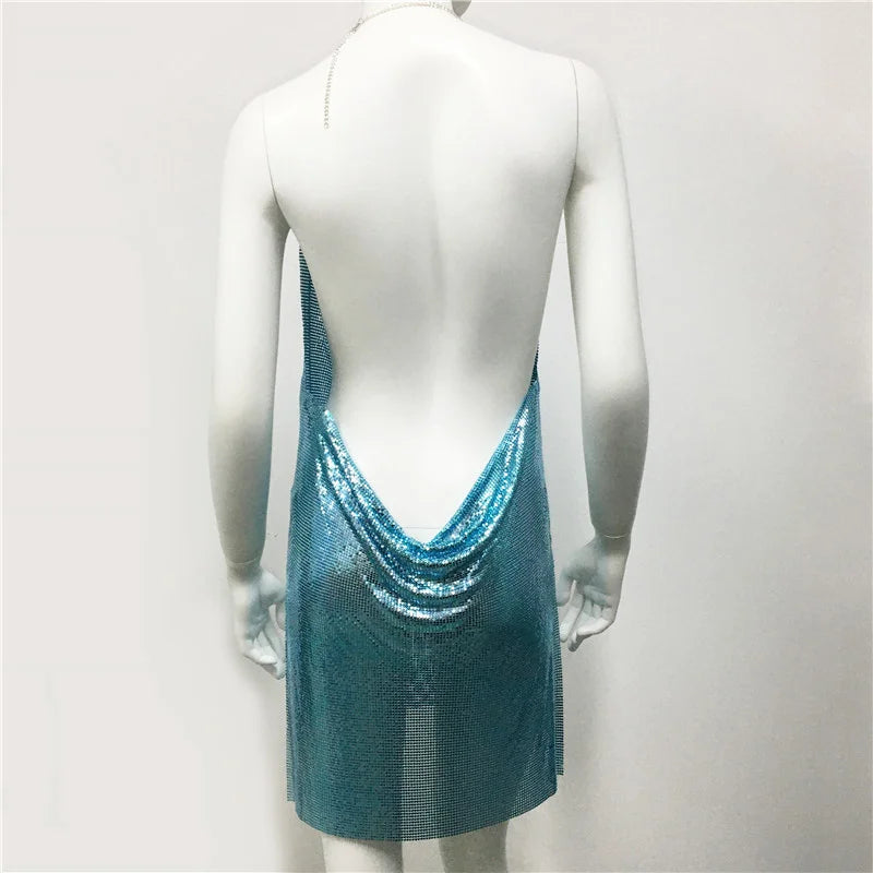 Metal See Through Backless Mini Dresses