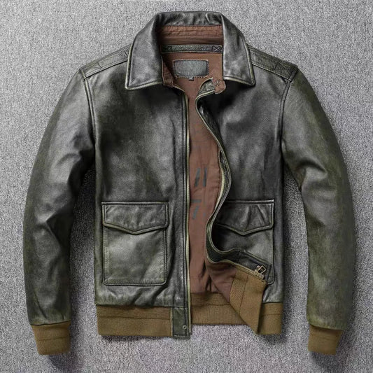 Green Genuine Leather Flight Jacket