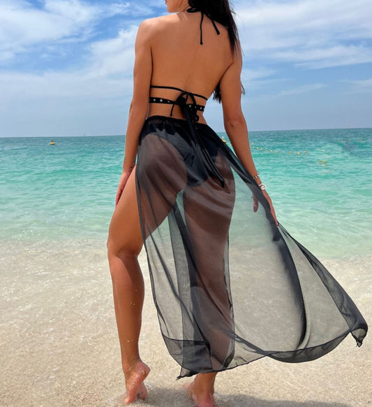 Black Halter Bikini Set & Mesh High Split Long Skirt