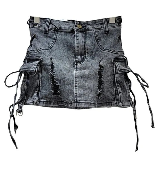 Denim Skirt Lace-up Ripped Cargo Mini Skirt