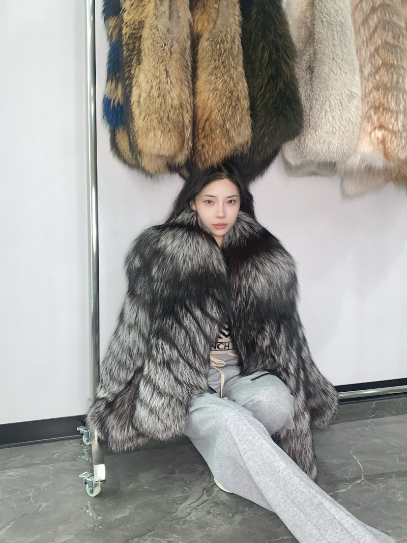 Dark Silver Big Collar Real Fur Coat