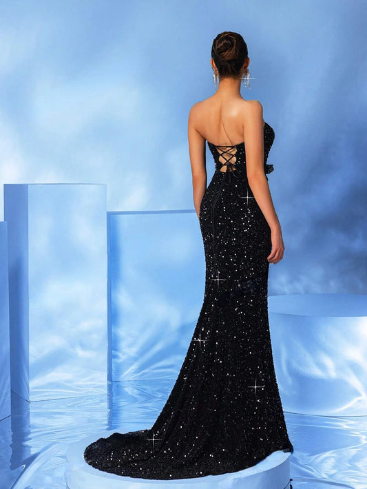 Black Sequins High Split Formal Evening Dress