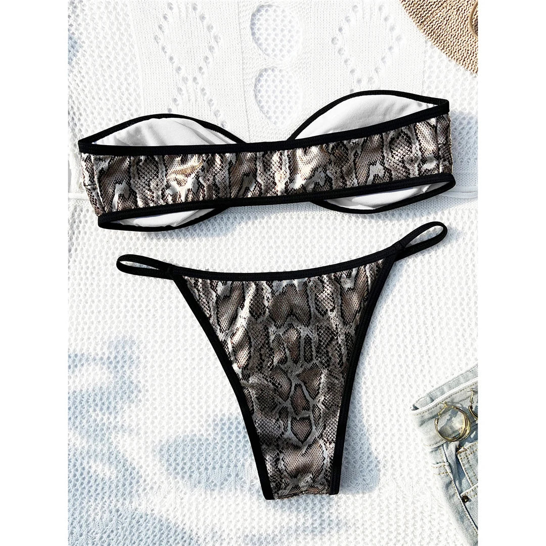 Shiny Snake Skin Print Bikini Set