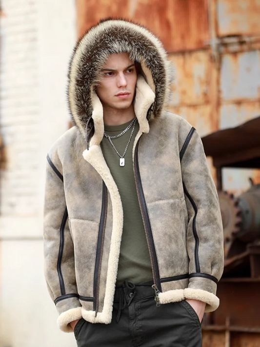 Genuine Leather Hooded Wool Lining Real Fur Coat