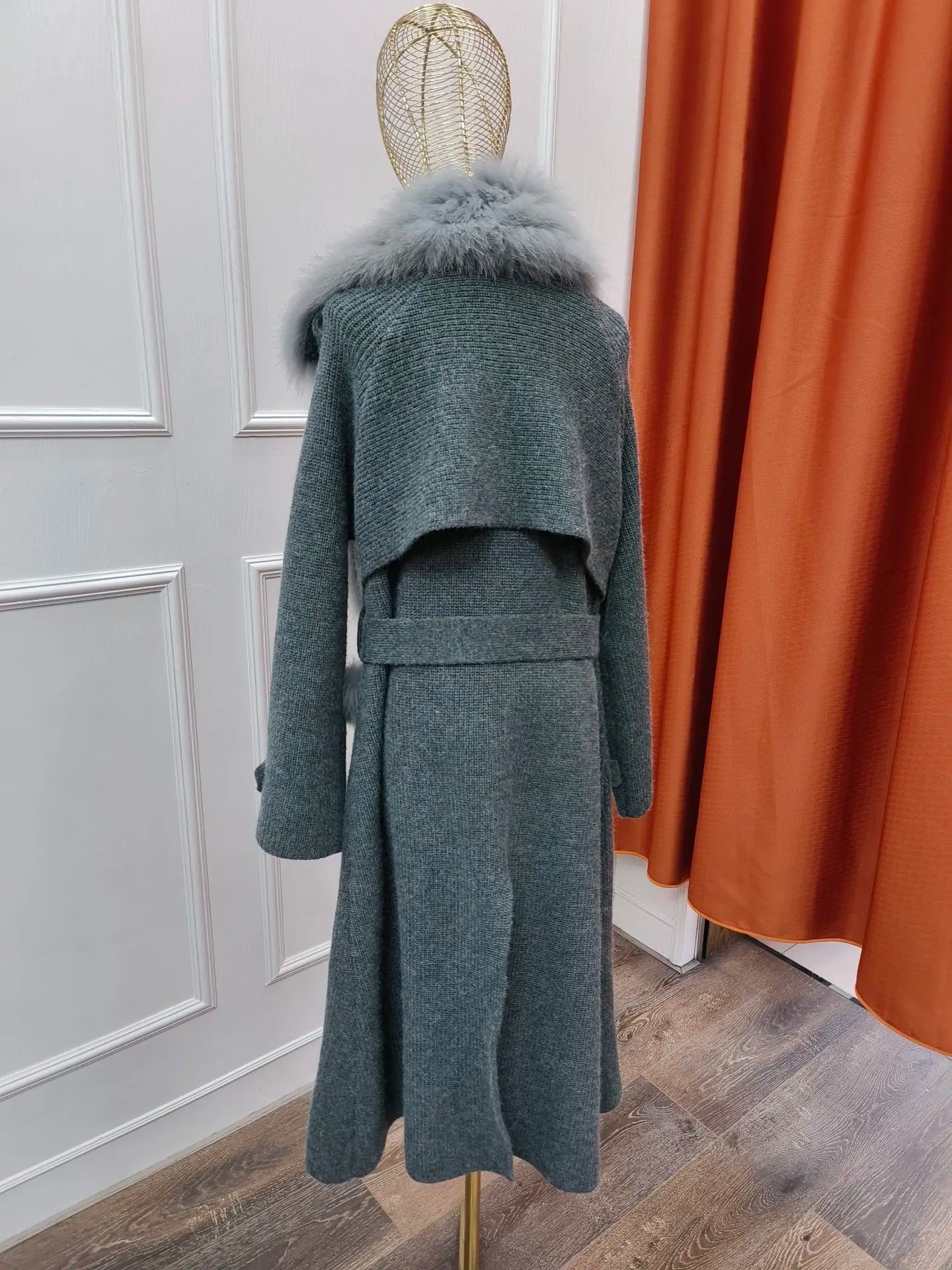 Real Fur Knitted Collar Long Wool Coats