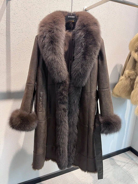 Genuine Leather Long Coats Real Fur Liner Collar Cuffs