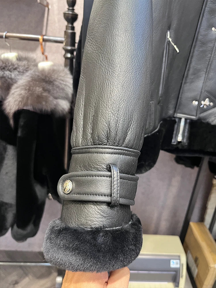 Genuine Leather Coats Real Fur Collar Merino Sheep Shearling