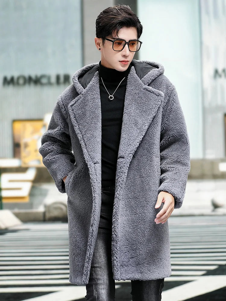 Cashmere Shearling Fur Hooded Long Wool Coat