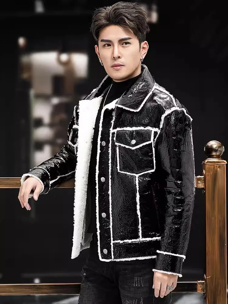 Luxury Shiny Genuine Leather Jacket White Wool Lining