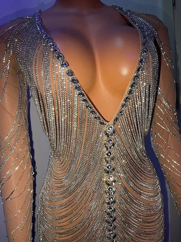 Rhinestone Chains Transparent Mini Dresses