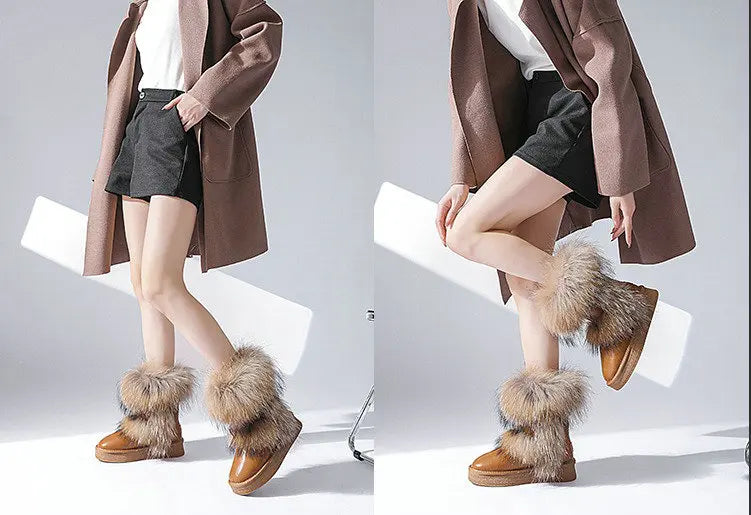 Genuine Leather Waterproof Snow Boots Real Fur