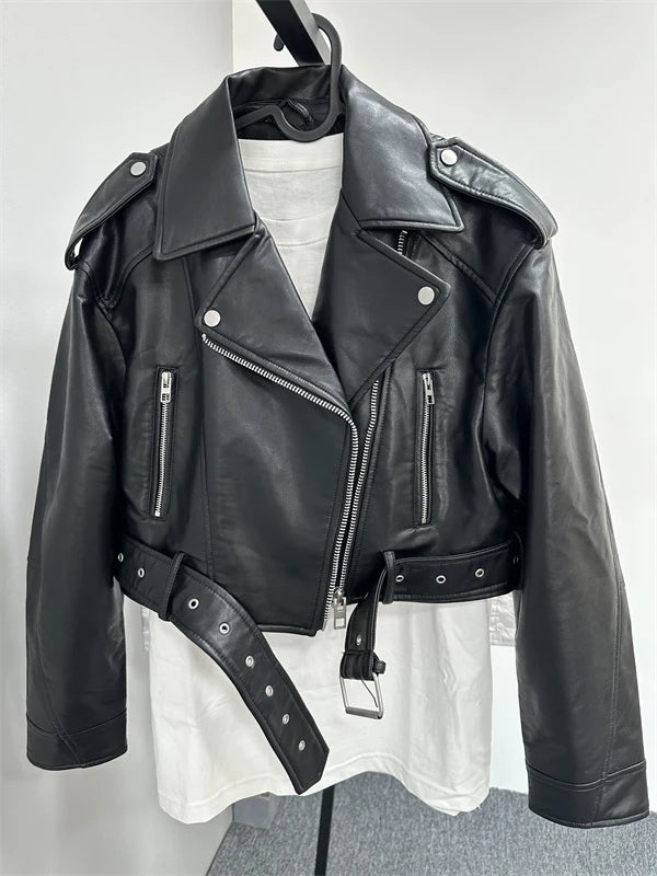 Short Moto PU Leather Jackets with Belt