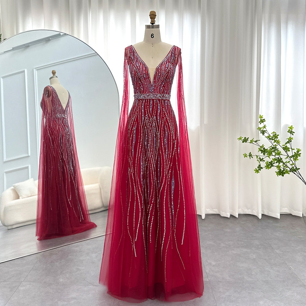 Crystal Stone Drip Mesh Sleeve Drape Gowns