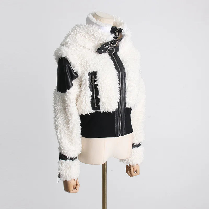 Pu Leather Fake Lambswool Fur Coats