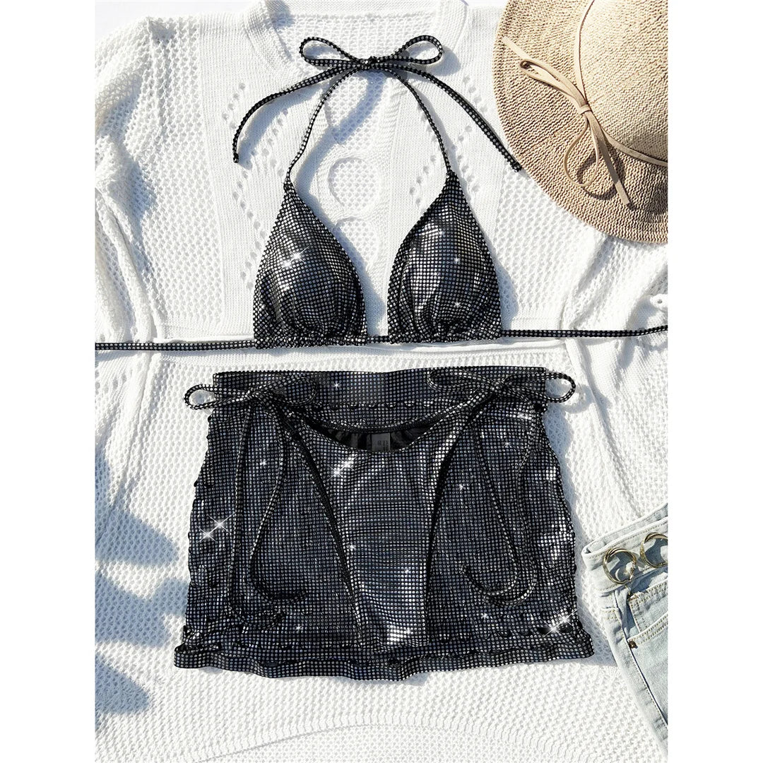 Shiny Halter Bikini & Mini Skirt Set