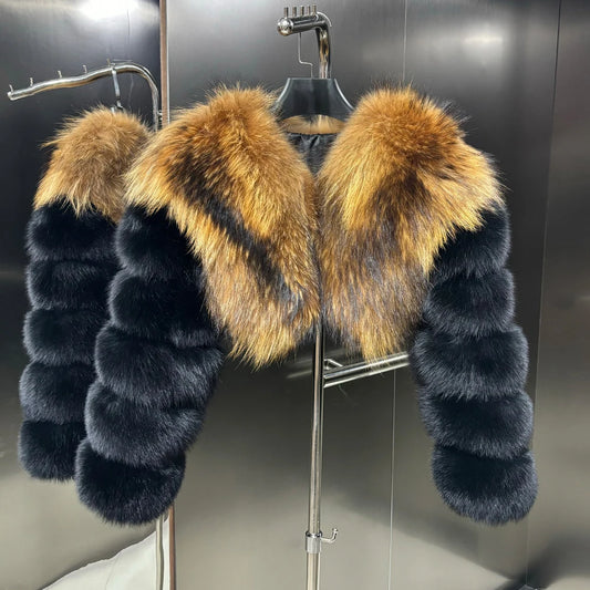 Two Tone Cropped Real Fox Fur Coats