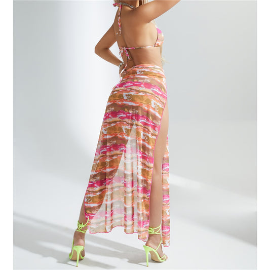 Print Halter Bikini Set & Long Skirt