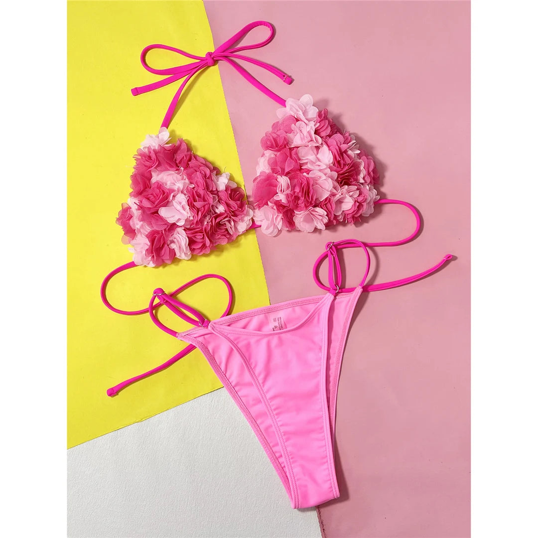 3D Flowers Halter High Cut Bikini Set