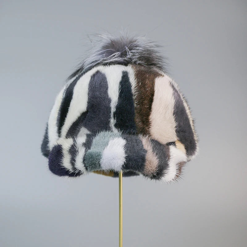 Colorful Real Mink Fur Bomber Hats Fur Pompom