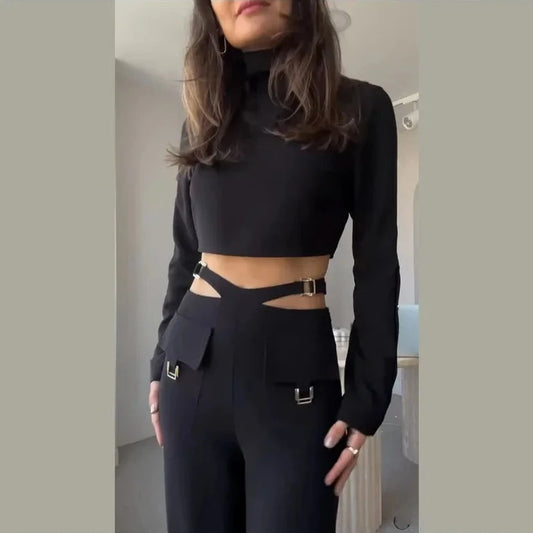 Button Long Sleeve Crop & X-Wide Leg Pant Sets