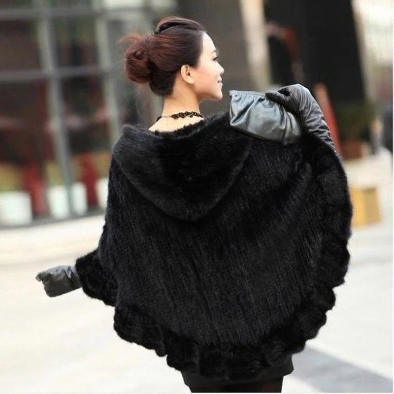 Knitted Real Mink Fur Hooded Ponchos