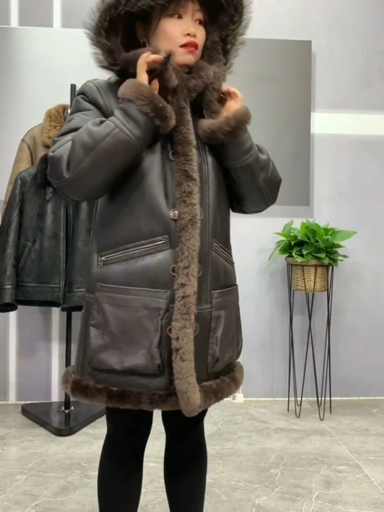 Genuine Leather Real Shearling Long Fur Coat