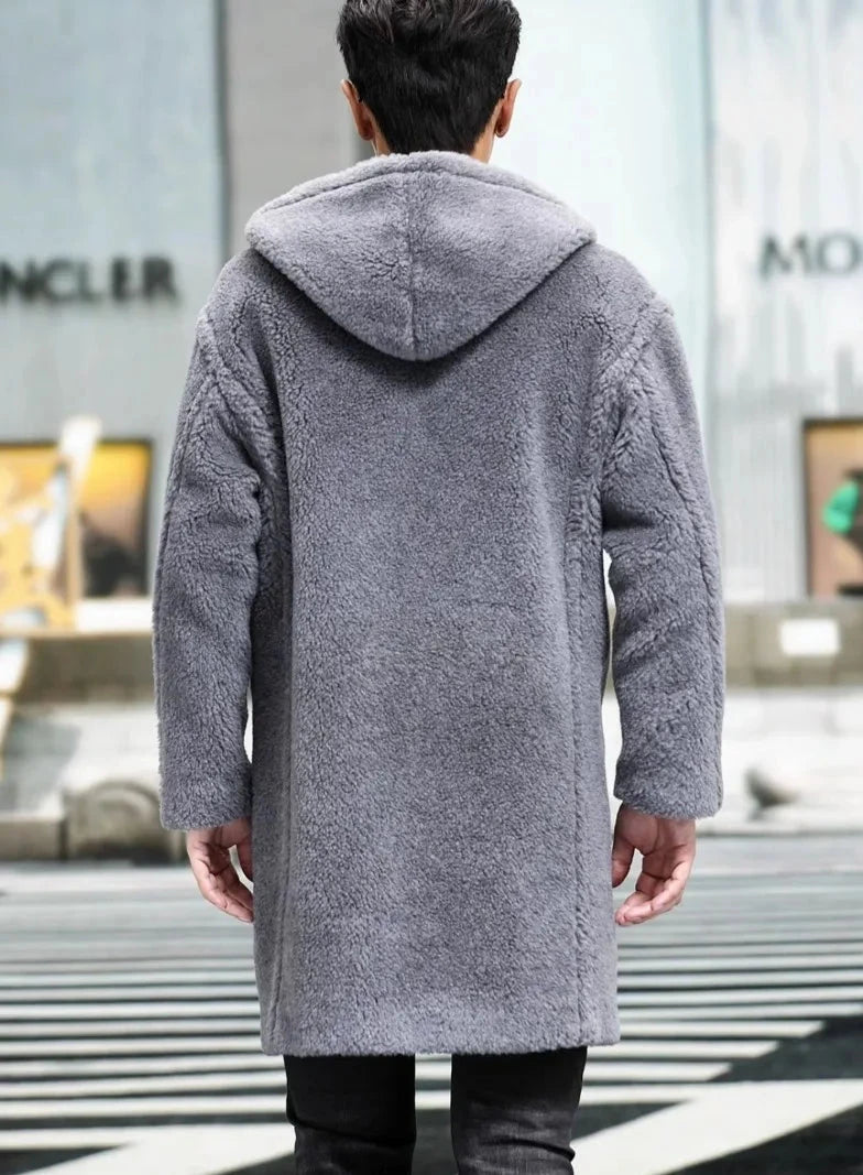 Cashmere Shearling Fur Hooded Long Wool Coat