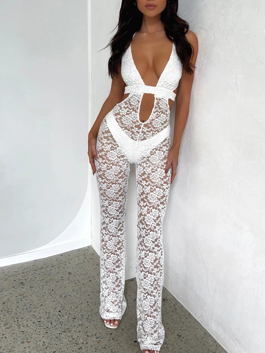 Mesh Sleeveless Open V Floral Lace Jumpsuits