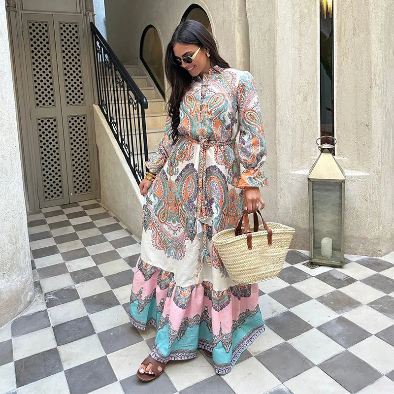 Printed Lace Up Long Sleeve Maxi Dresses