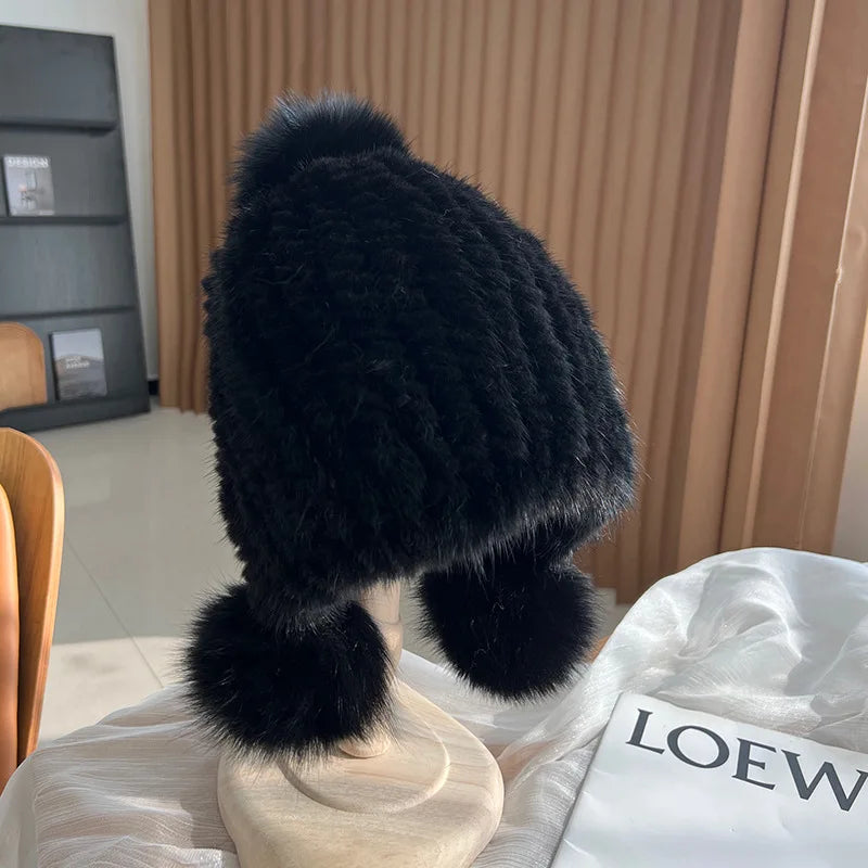 Knitted Spiral Real Mink Fur Beanies Cap Fur Pompom