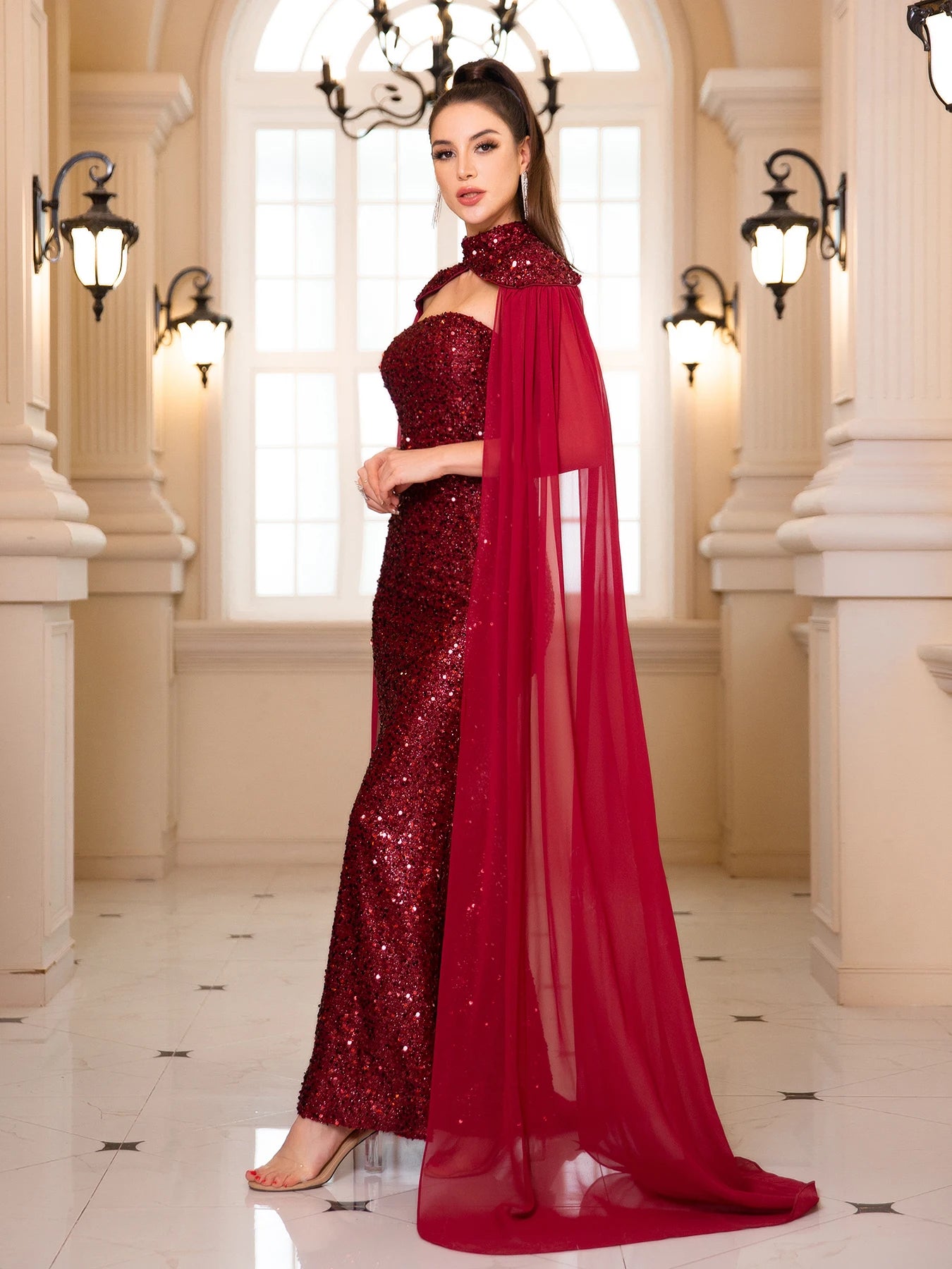 High Neck Chiffon Flying Sleeve Sequin Maxi Dresses