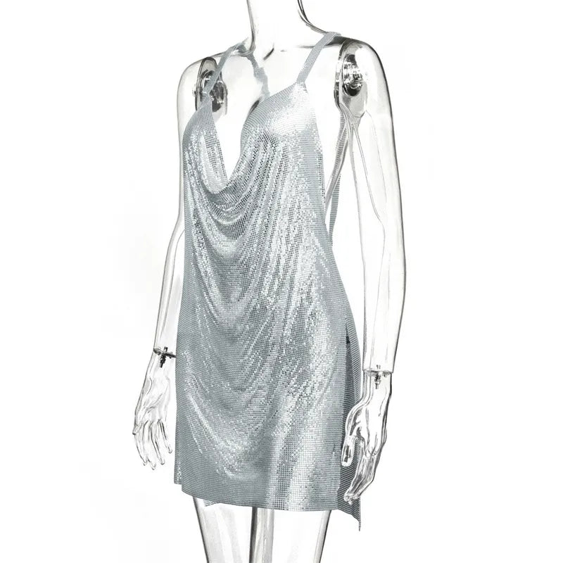 Metallic Chain Halter Metal Backless Mini Dresses