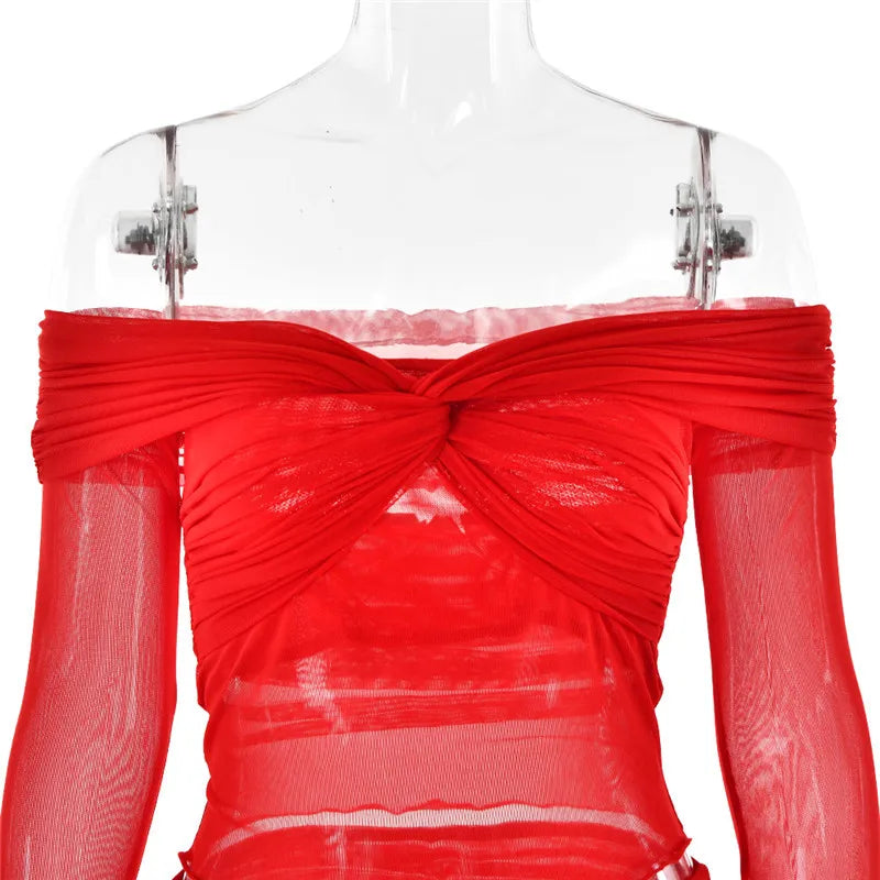 Off-shoulder Sheer Sleeved Crop & Long Skirt Sets