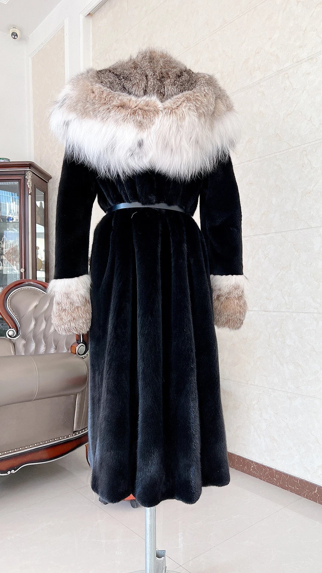 Luxury Lynx Collar Real Mink Fur Coats X-Long