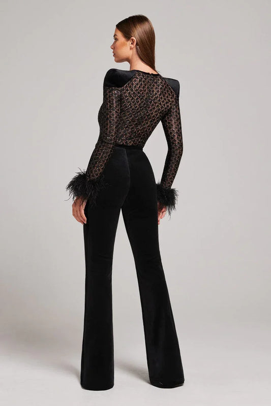 Black Lace Feather Cuff Jumpsuit