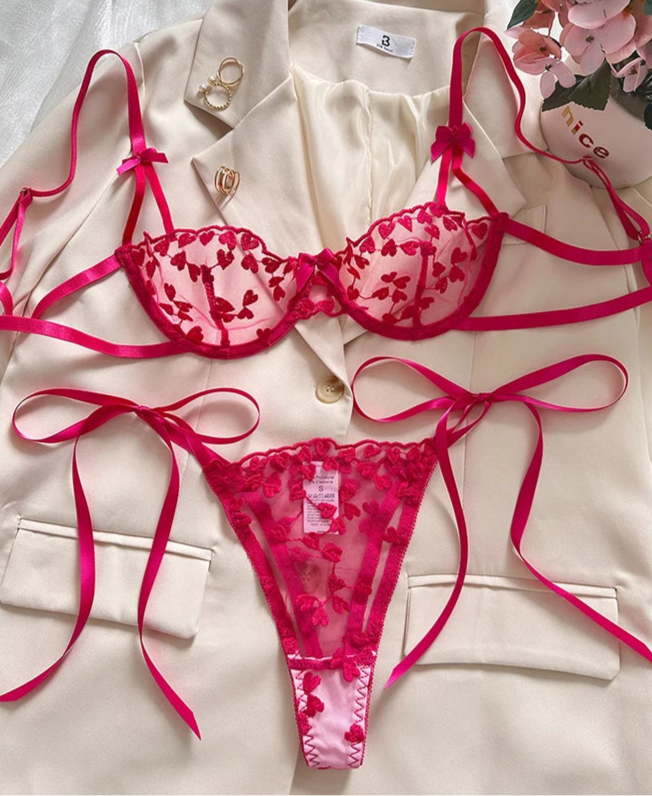 Mesh Heart Shaped Embroidery Bra & Thong Sets