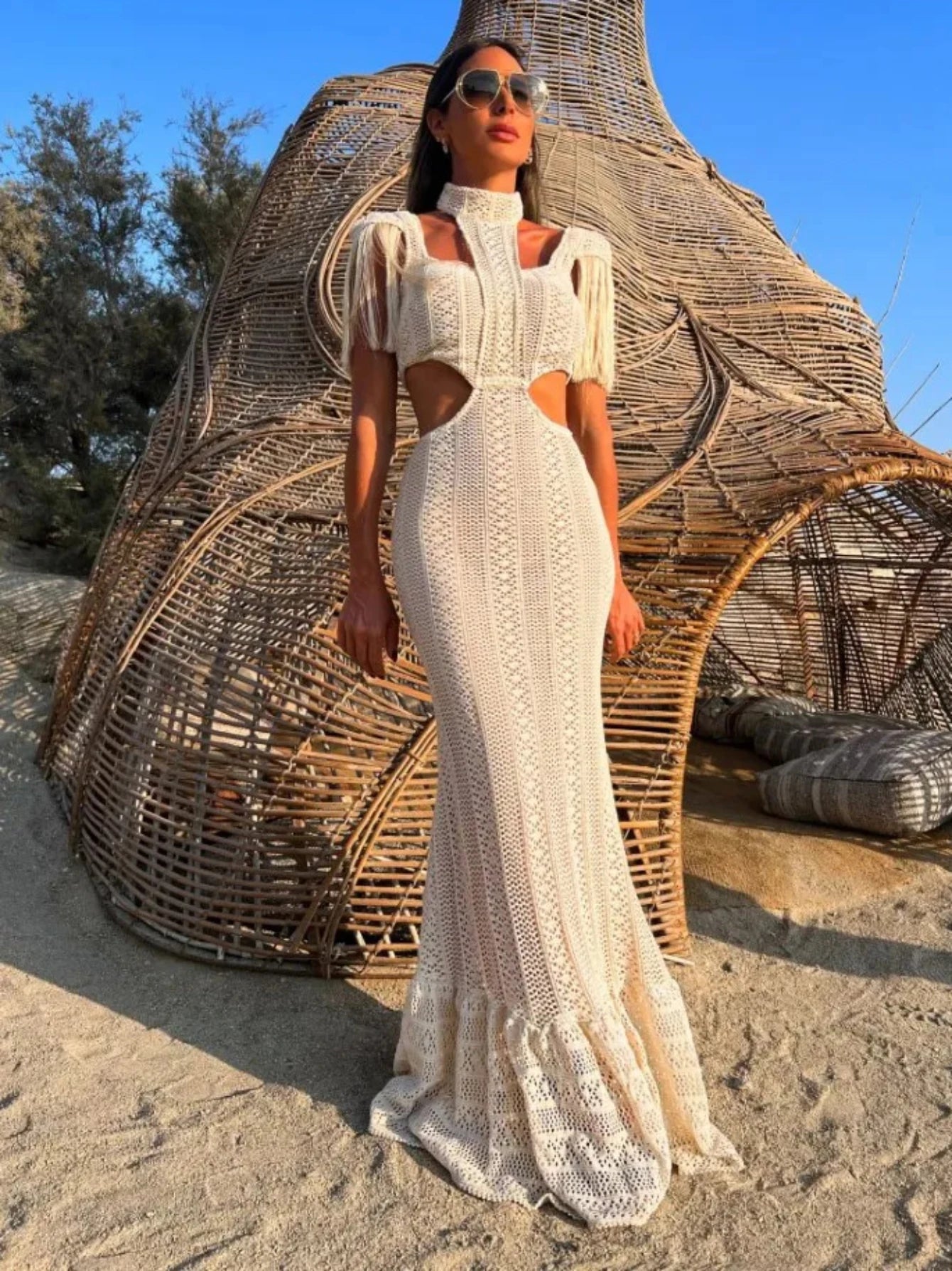 Knitted Turtleneck Tassel Hollow Mini/Long Dresses