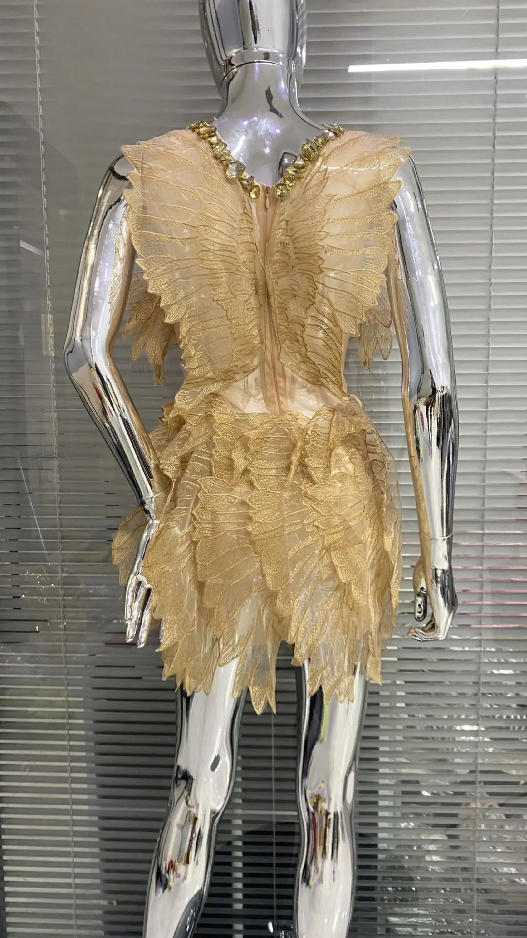 Crystal Wing Feather Mesh Crystal Mini Dresses