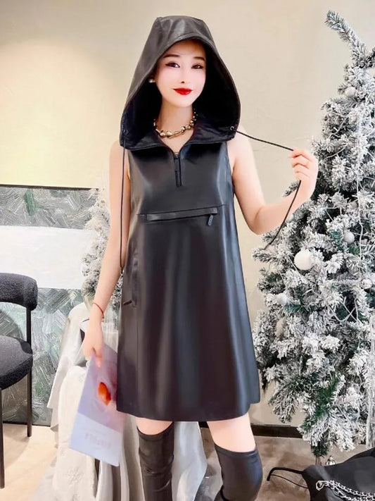 Genuine Leather Sleeveless Hooded Mini Dress