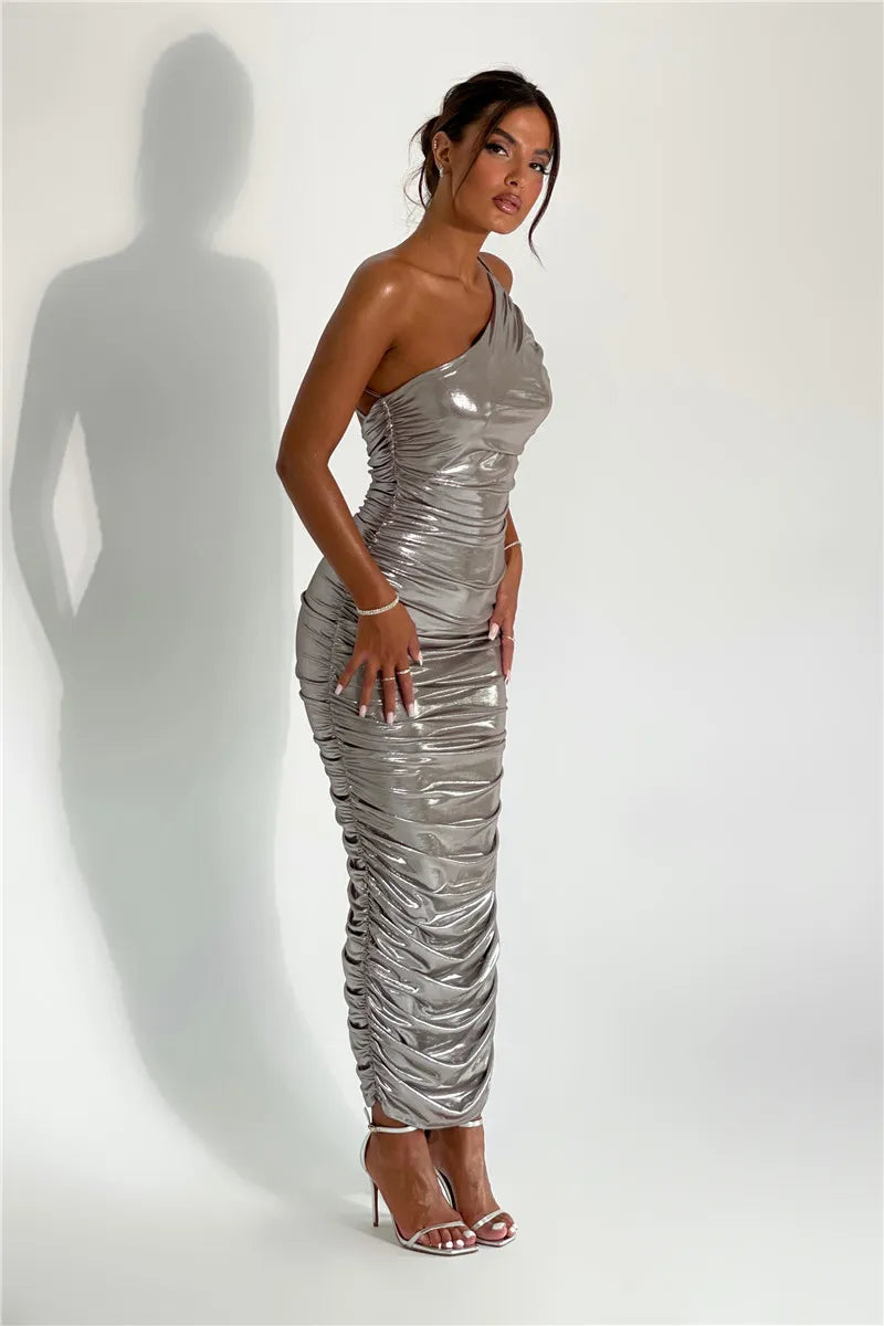 Metallic One Shoulder Ruched Maxi Dresses