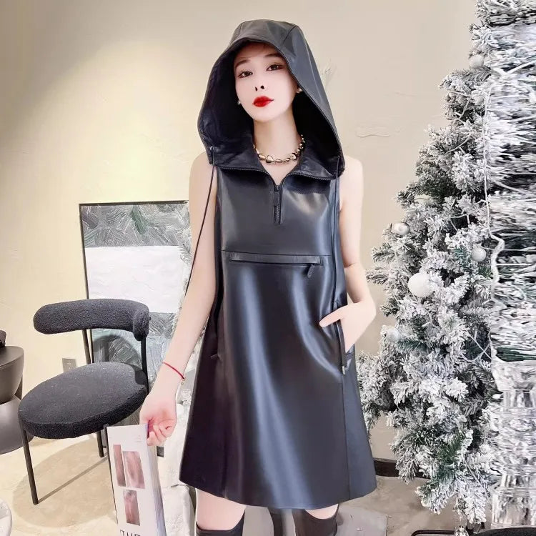 Genuine Leather Sleeveless Hooded Mini Dress