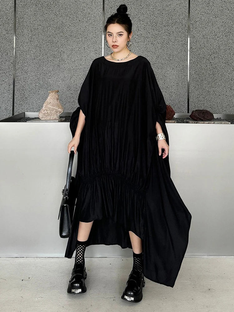 Black Pleated Irregular Loose Oversized Long Dress