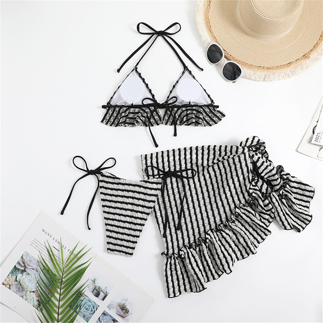 Striped Ruffled Sarong Bikini Set & Mini Skirt