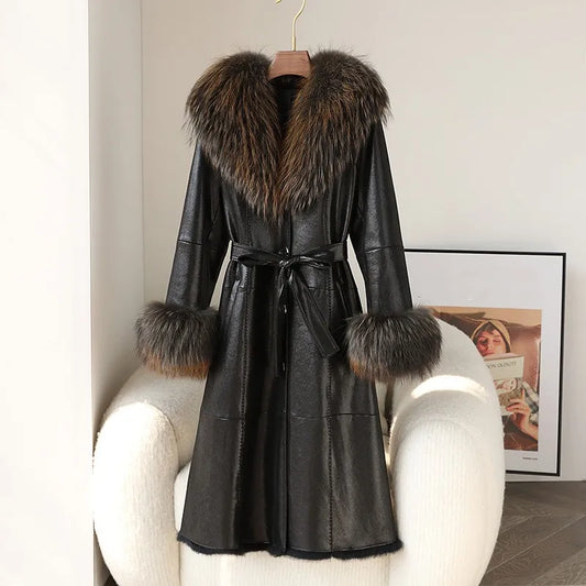 Genuine Leather Long Coats Real Fur Lining Collar& Cuffs