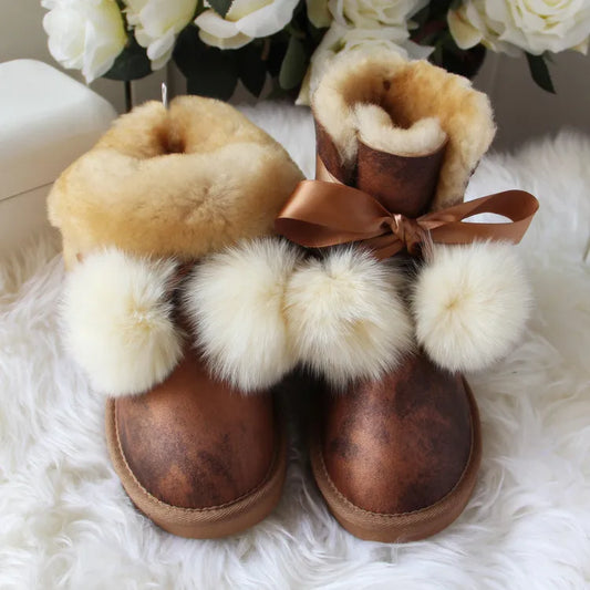 Waterproof Genuine Fur Ball Wool Snow Boots