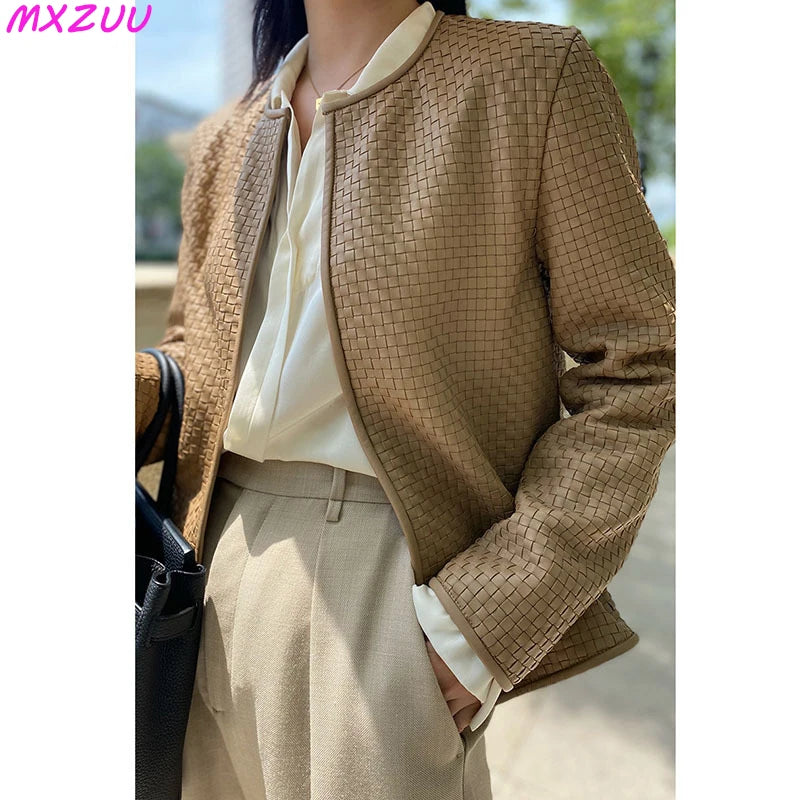 Genuine Leather Jacket Women Autumn 2025 Stylish Vintage Hand-Woven Sheepskin Chaqueta Mujer O-Neck Cardigan Plaid Coat Outwear