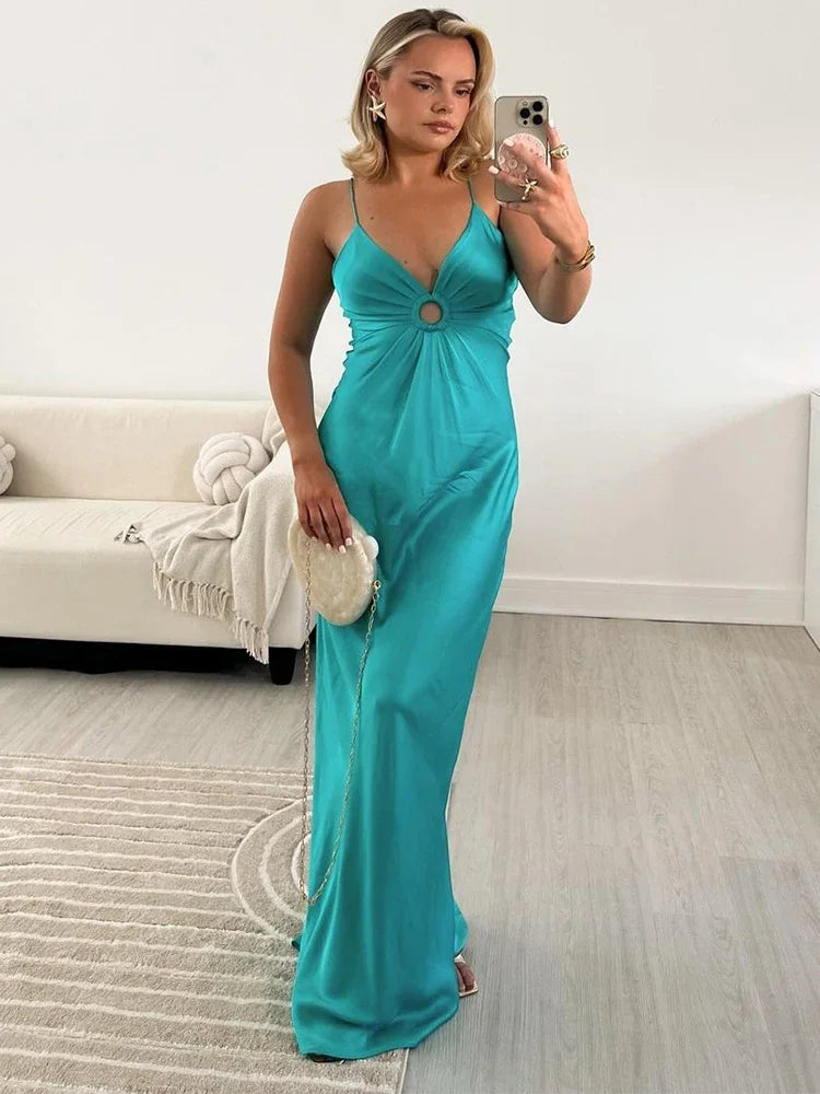 Blue Ring Hollow Backless Maxi Dress