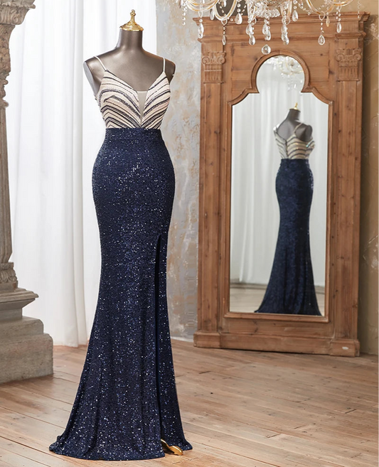 Sequin Sleeveless Strap High Slit Long Dresses